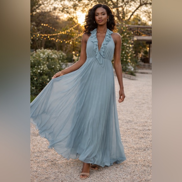 ASOS Dresses & Skirts - ASOS Design Dusty Blue Pleated Maxi Dress Ruffle Halter Formal Wedding Guest